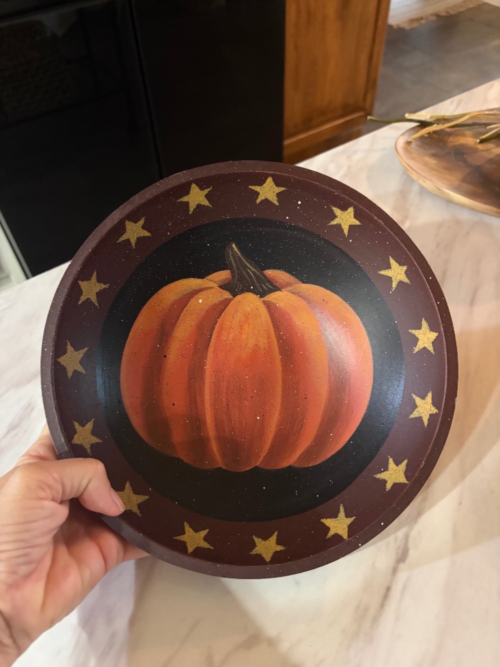 PRIMITIVE AUTUMN PUMPKIN DESIGN WOODEN DECORATIVE BOWL